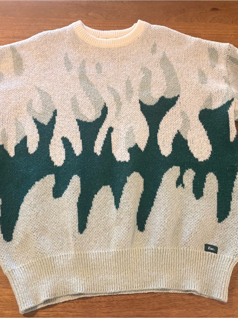 Cream Crewneck Sweater with Dark Green Flame Motif